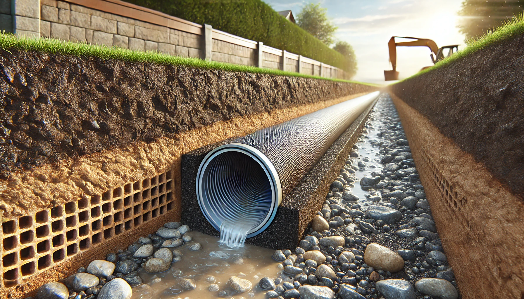 tuyaux de drainage dans une tranchée d'un terrain argileux