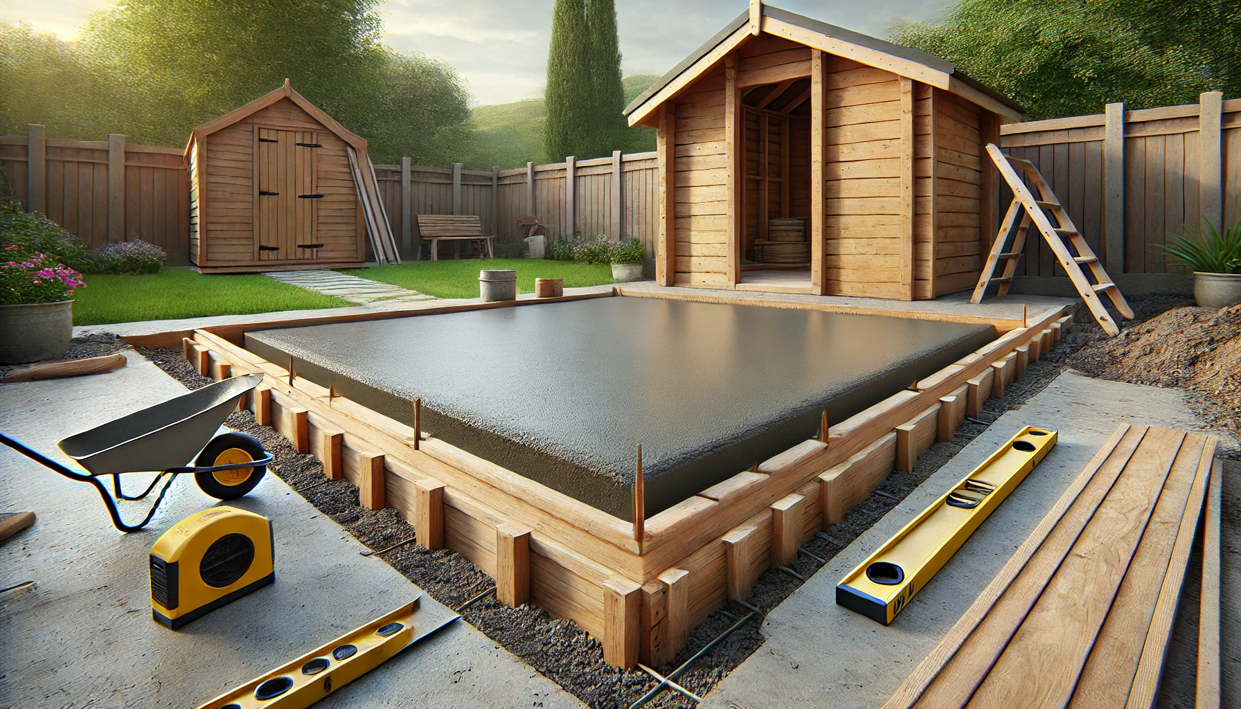 dalle béton et coffrage en bois pour un abri de jardin en train de secher