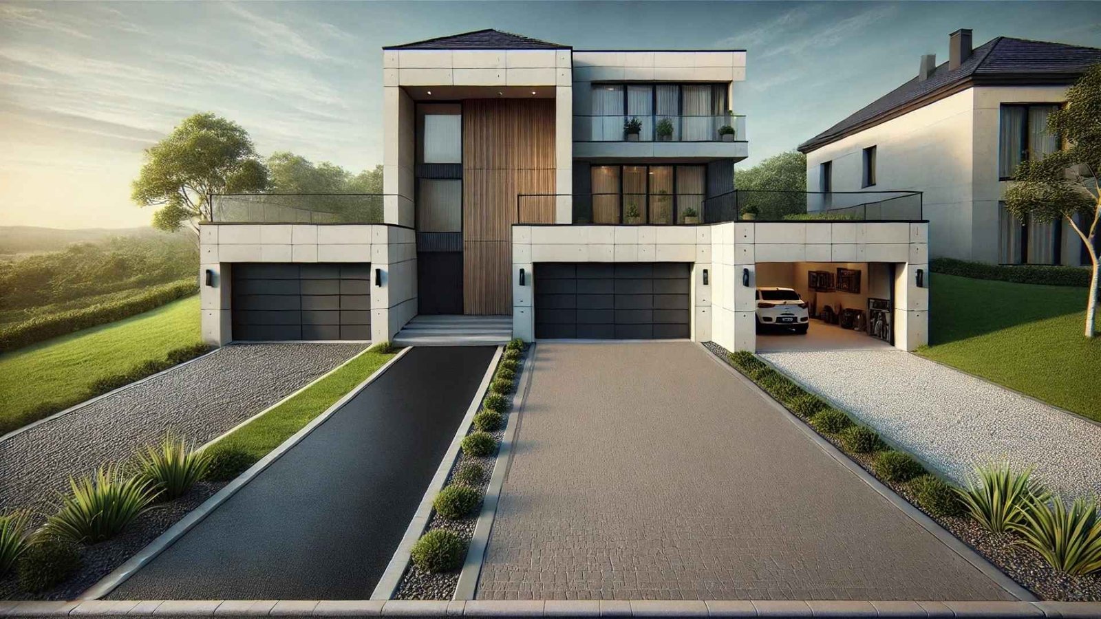 trois garages avec chacun un revêtement allée de garage diffèrent (pavé, gravillon, enrobé, résine)