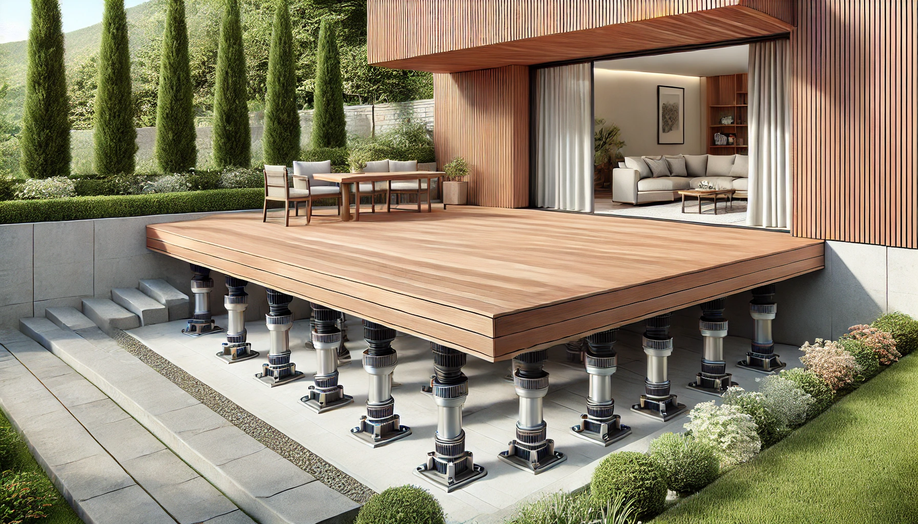 Terrasse en bois avec les plots de construction visible
