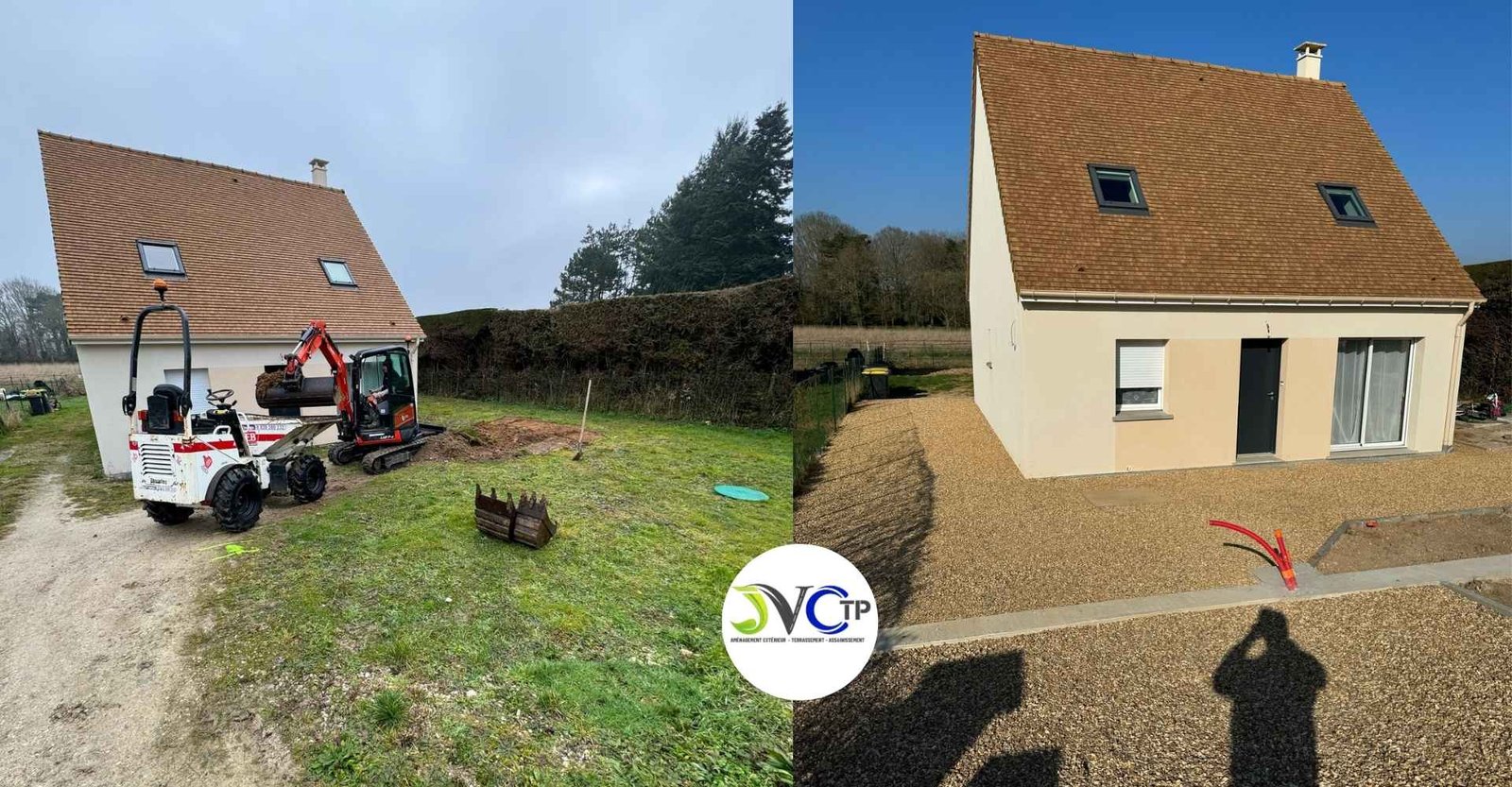 Avant Apres realisation gravillonnage avec mise en place de stabilisateur Avant Apres realisation gravillonnage avec mise en place de stabilisateur gravier et finition bordure et seuil de pottail a Hermeray 78125 par JVCTP