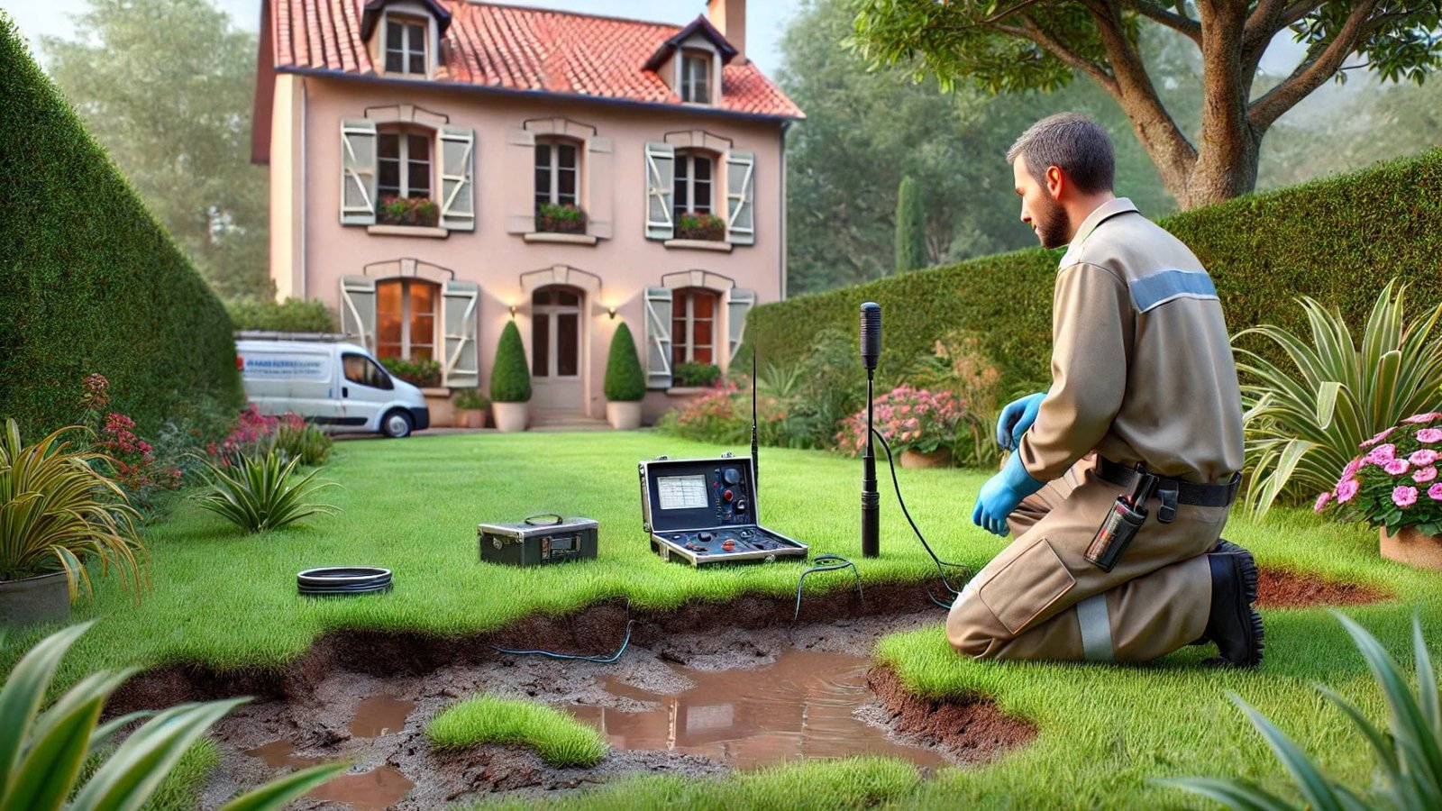 professionnel qui détecte une fuite d eau enterree dans le jardin d'une maison
