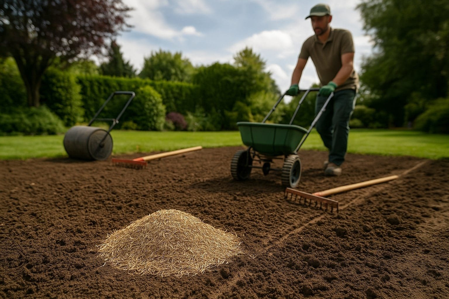 Jardinier preparant le sol d'un jardin de maison avant l'engazonnement