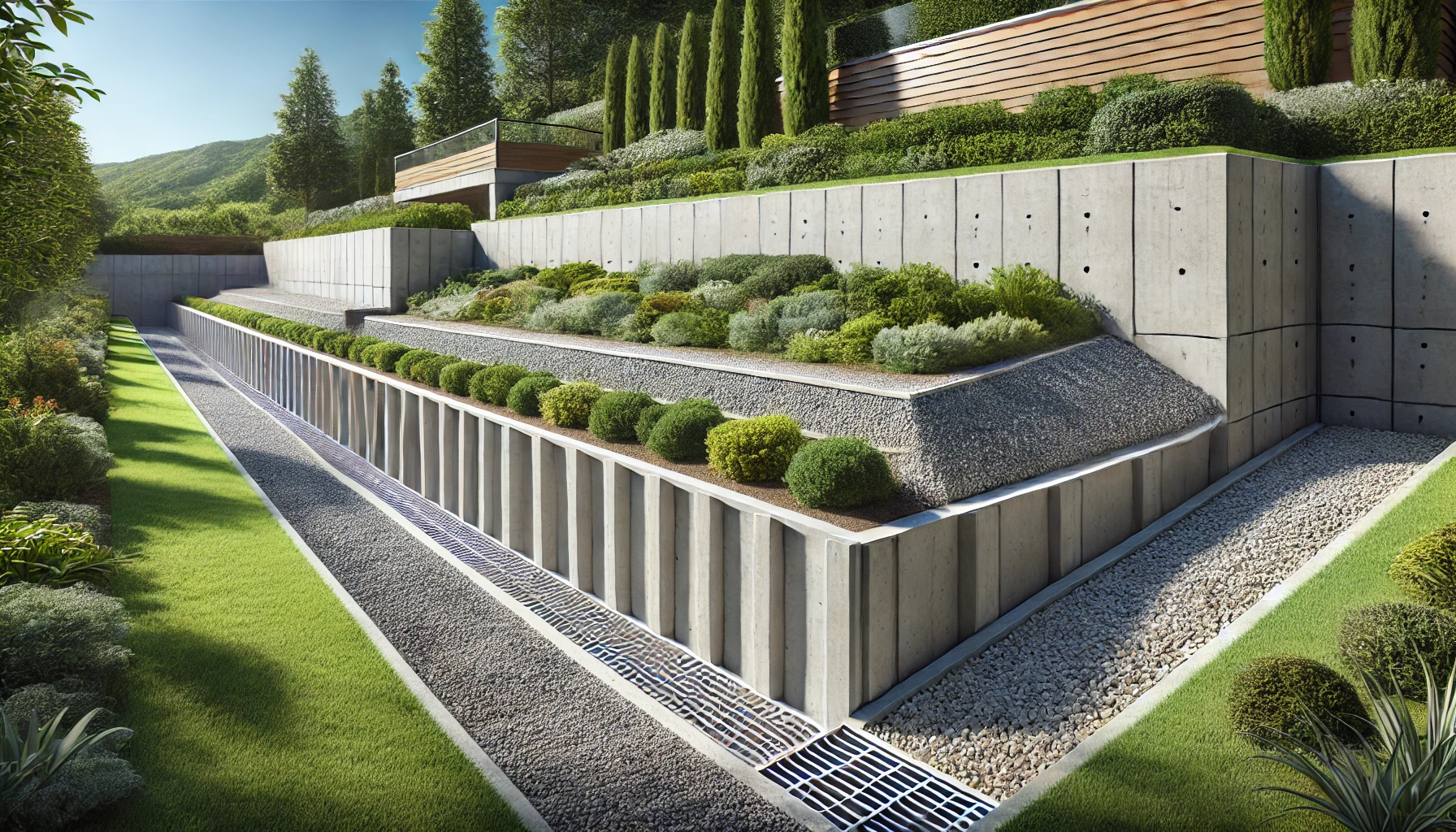 jardin résidentiel avec plusieurs mur de soutènement afin d'avoir un aménagement design moderne