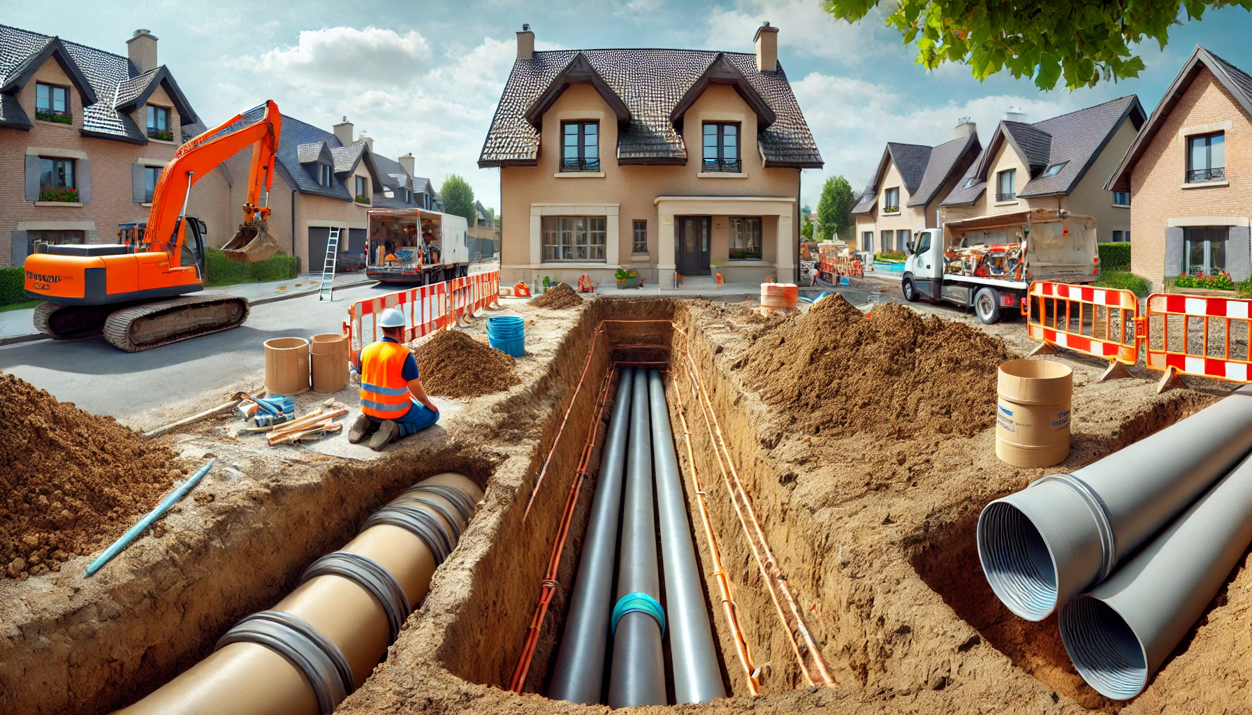 tranchée dans le sol avec tuyaux pour un raccordement tout a l'égout d'une maison.