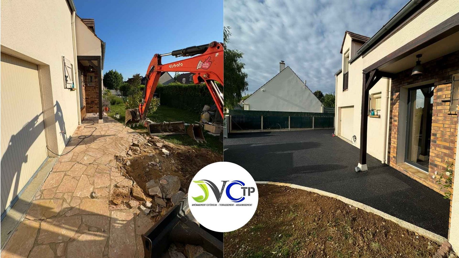 avant apres d'un terrassement et enrobe devant une maison à Aunay-sous-auneau 28700
