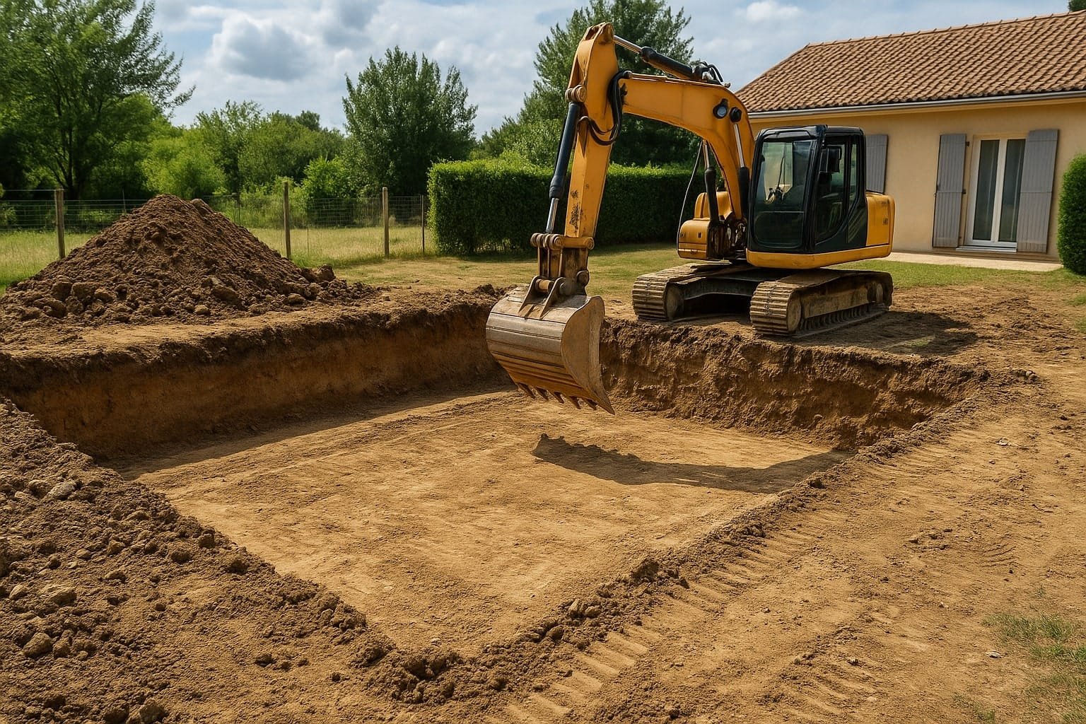 Pelleteuse en plein terrassement de jardin en creusant le trou d'un piscine creusée