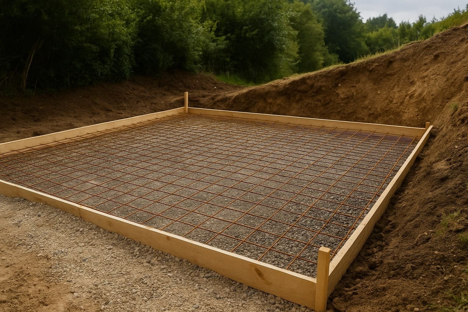 Dalle-beton-terrain-en-pente photo d'une dalle en beton sur terrain en pente pour abris de jardin en train de secher.