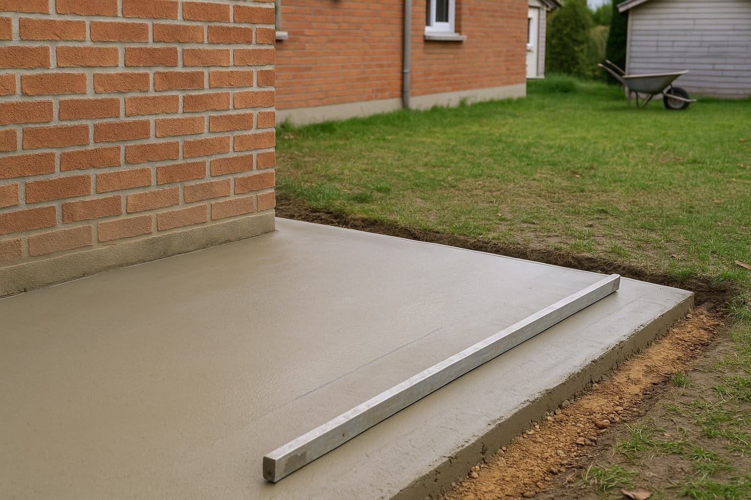 dalle-beton-adosse-a-un-mur dalle béton pour abris de jardin adossée à un mur d'une maison