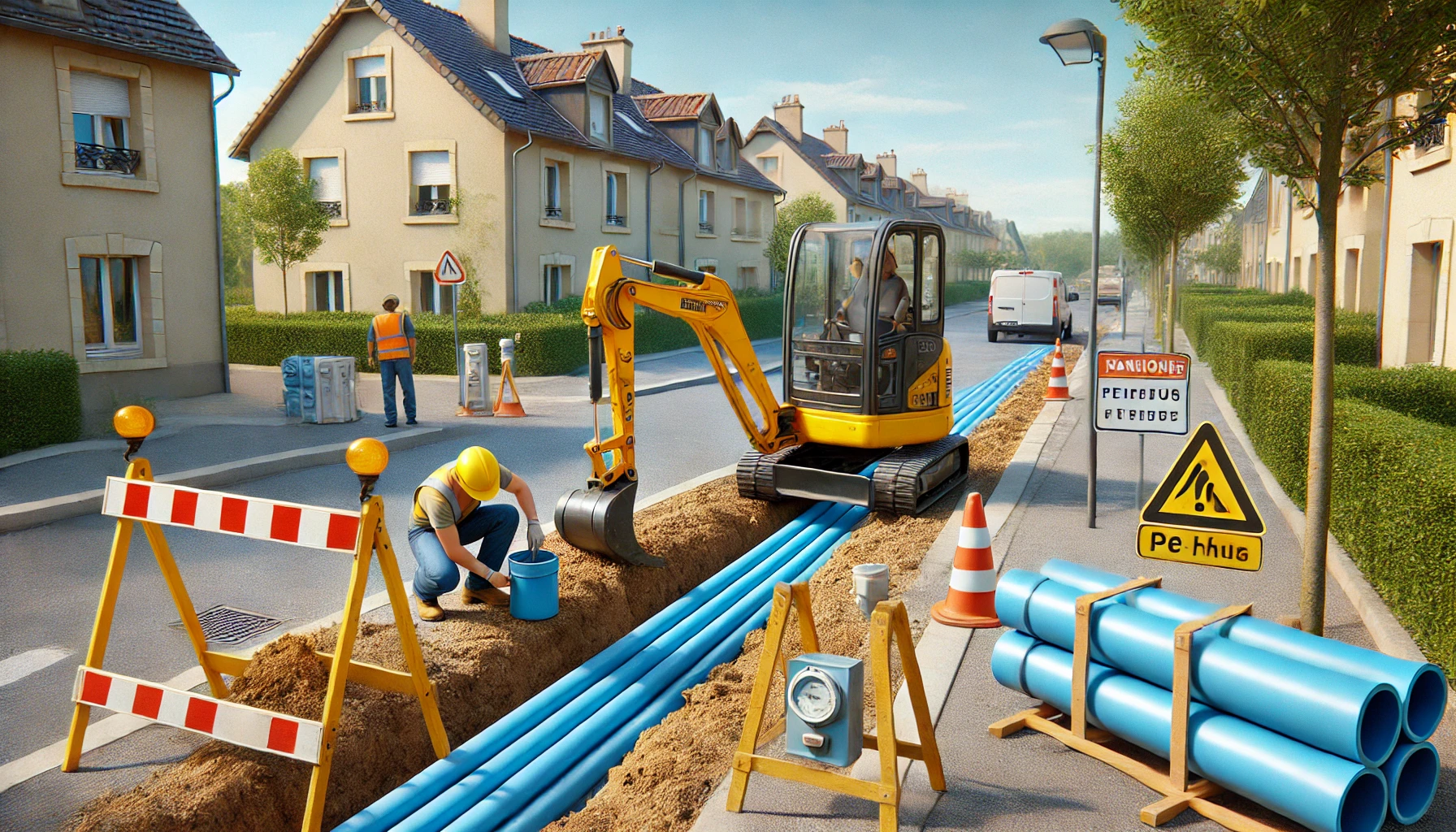 chantier de raccordement d'eau potable de la rue à une maison.