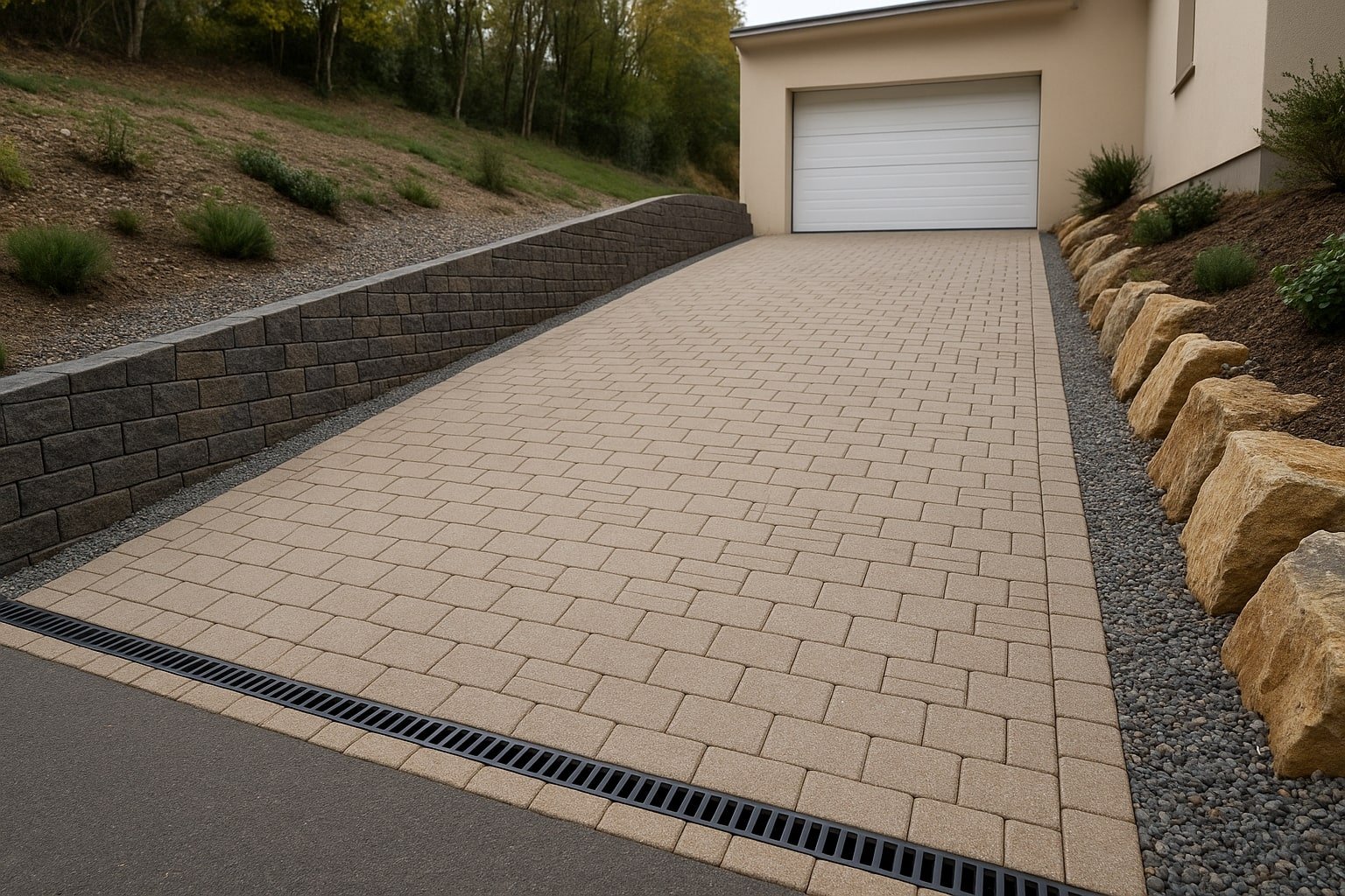 allée carrossable en pense fait avec un pavage naturel et moderne