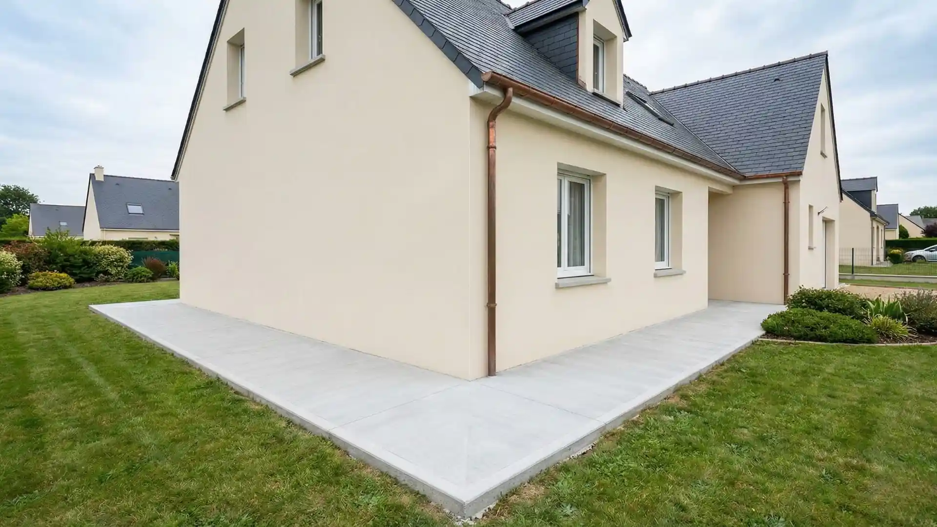 Trottoir périphérique en béton autour d'une maison pour protéger les fondations de l'humidité