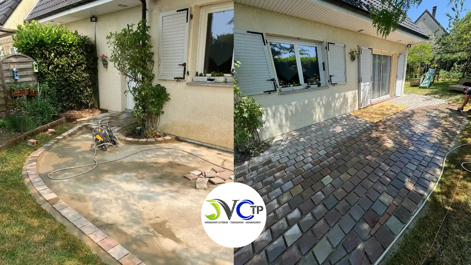 chantier de pose de terasse en pave sur lit de sable aux essarts le roi par jvctp