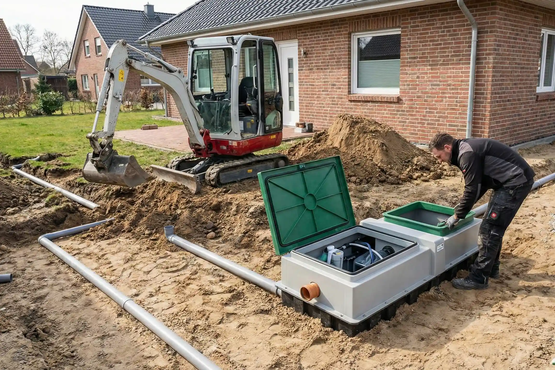 Installation professionnelle d'une micro station d'épuration compacte dans la tranchée d'un jardin résidentiel, avec une mini-pelle réalisant le terrassement en arrière-plan.