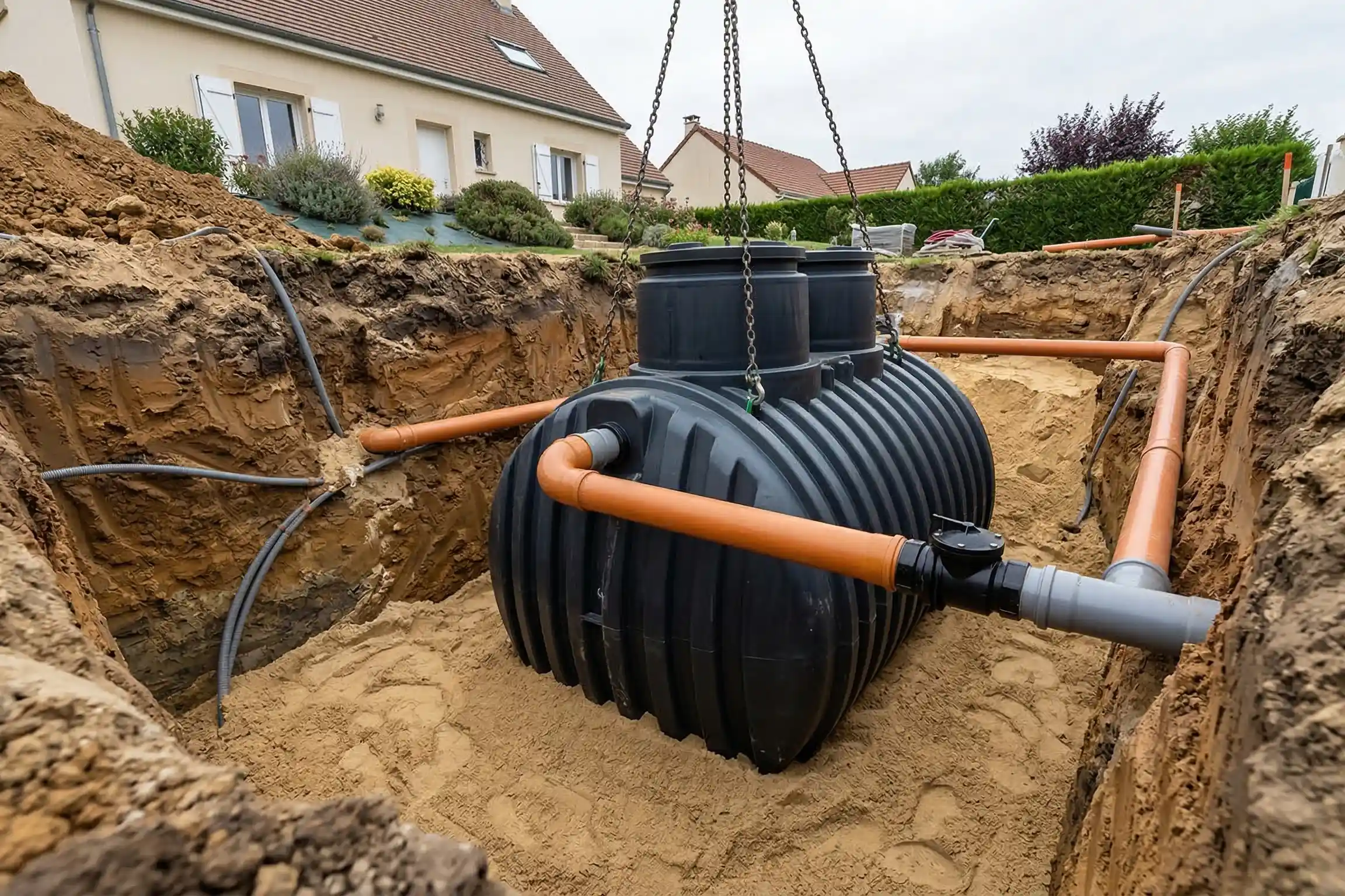 Installation d'un poste de relevage eaux usees en PEHD dans une tranchee de terrassement sur terrain résidentiel Installation d'un poste de relevage eaux usees en PEHD dans une tranchee de terrassement sur terrain résidentiel