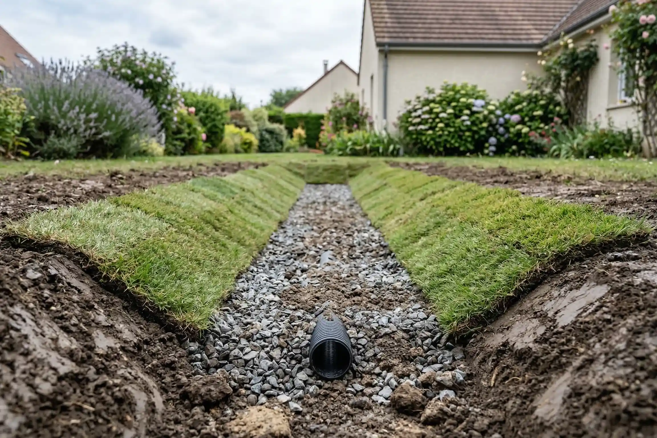 Noue paysagère pour maison individuelle avec talus végétalisés et drain perforé visible au fond, réalisée par un professionnel du terrassement Noue paysagère pour maison individuelle avec talus végétalisés et drain perforé visible au fond, réalisée par un professionnel du terrassement