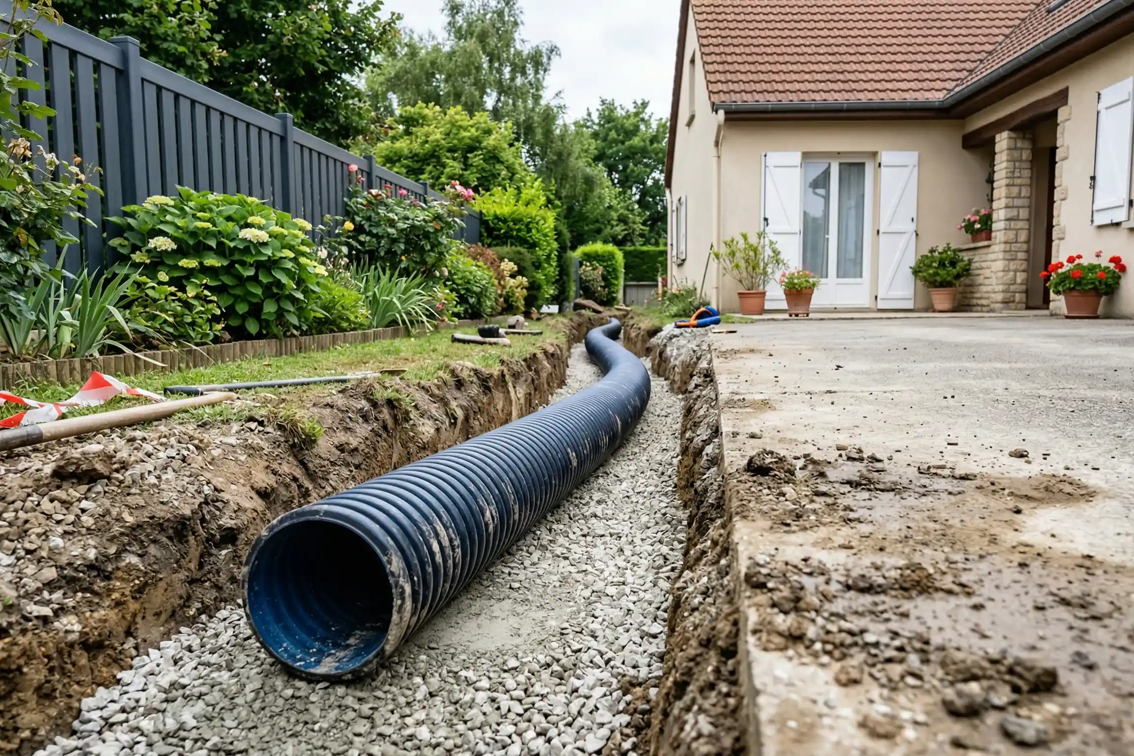 Pose d une buse PEHD dans un fosse longeant une entree de propriete residentielle Pose d une buse PEHD dans un fosse longeant une entree de propriete residentielle