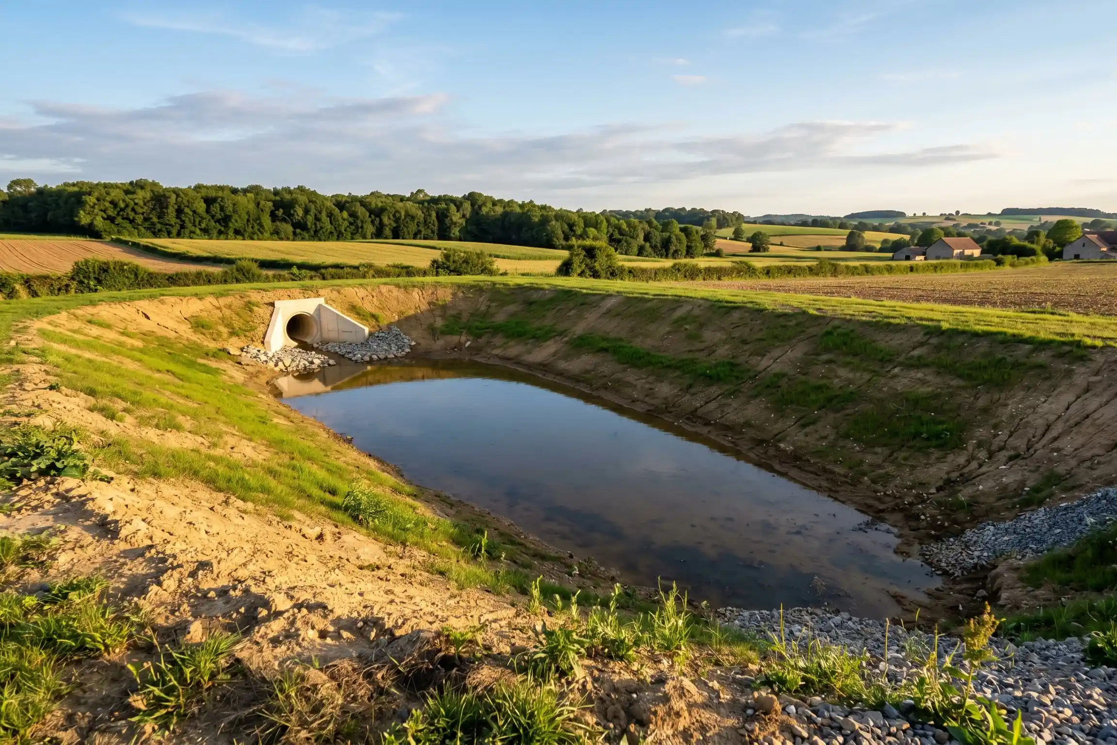 bassin de retention eaux pluviales vegtalise sur terrain en construction vue de chantier