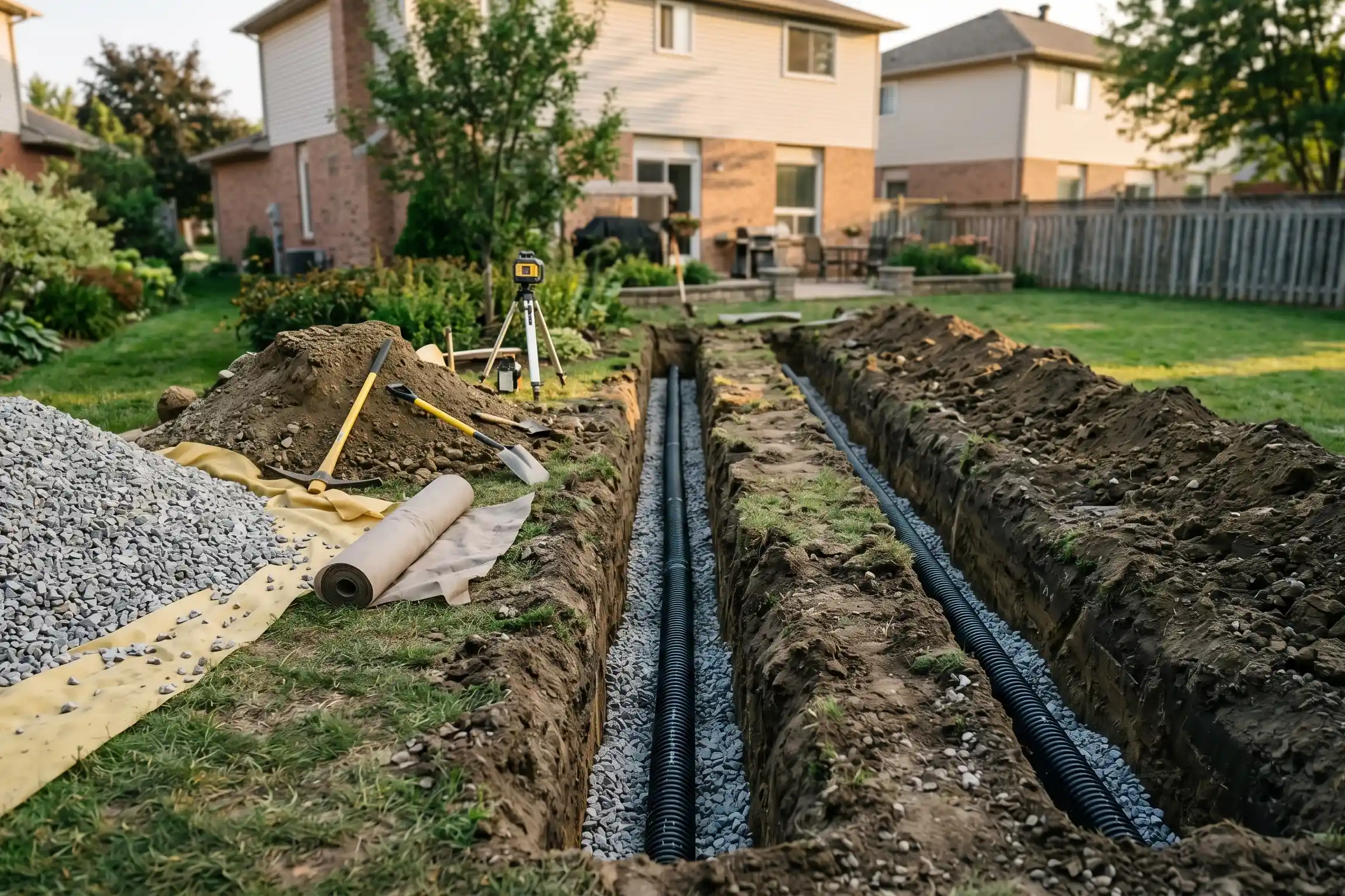 installation lit epandage tranchees drainantes gravier assainissement non collectif jardin maison