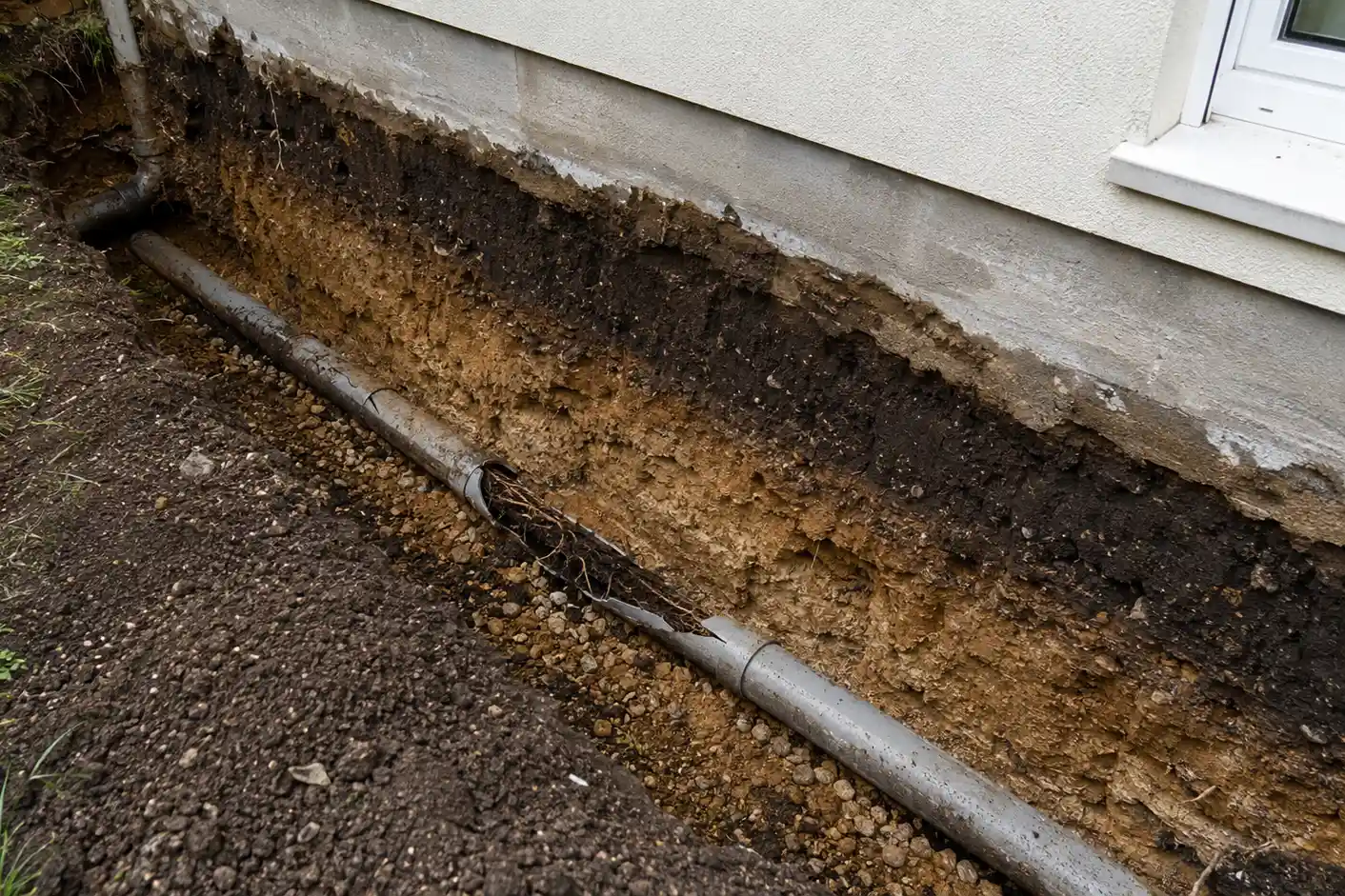 tranchee ouverte revelant une canalisation enterree endommagee en PVC avec fissures dans un jardin residentiel tranchee ouverte revelant une canalisation enterree endommagee en PVC avec fissures dans un jardin residentiel