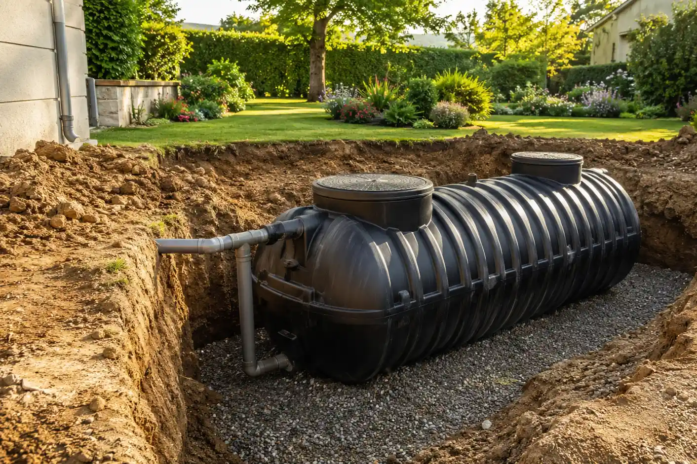 installation citerne enterree recuperation eau de pluie jardin maison individuelle